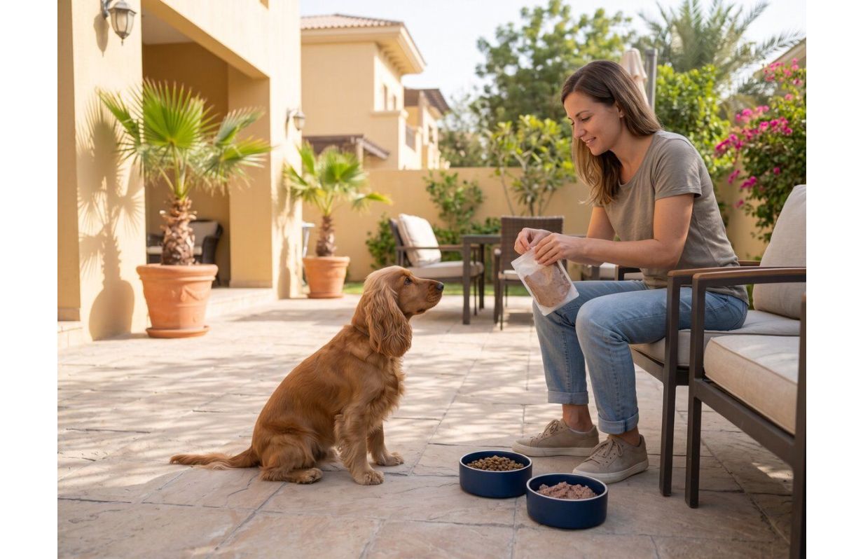 Dog choosing between wet and dry food on a UAE villa patio