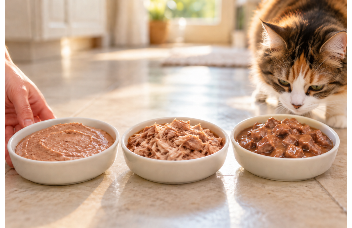 Picky cat choosing between wet cat food textures