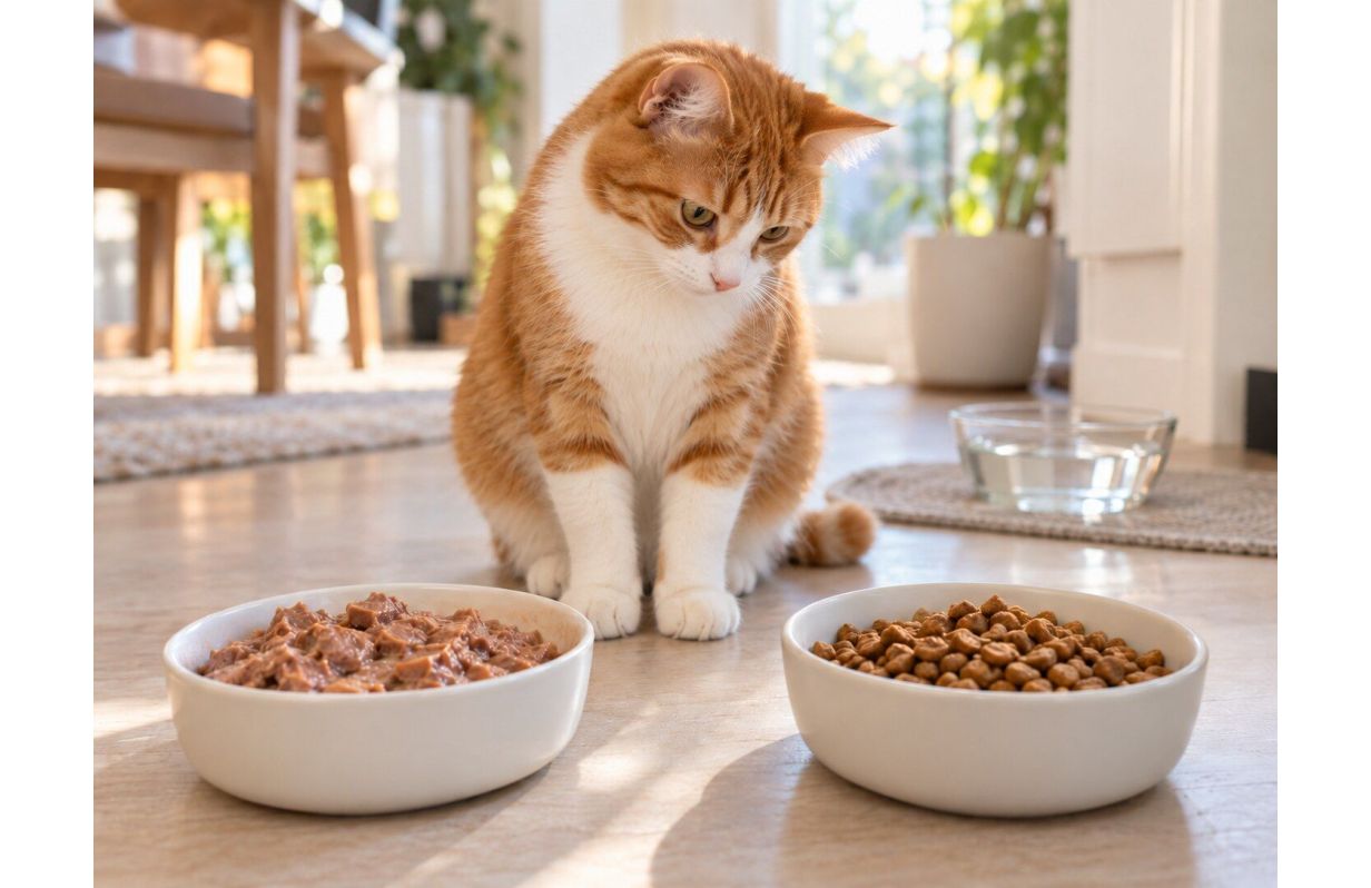 Wet food and dry food options for cats