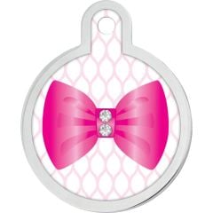 ID Tag Circle Large Pink Bow with Crystal